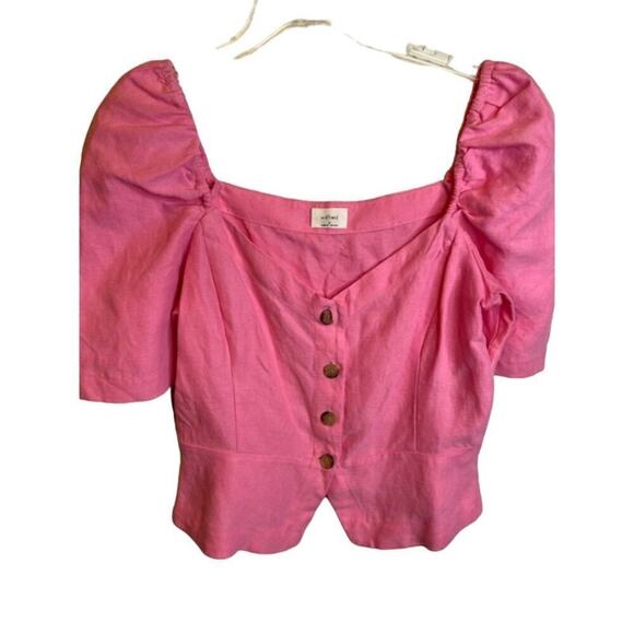 Wilfred Janine Linen-Blend Puff Sleeve Button-Front Blouse Pink Women's Medium - Picture 1 of 6